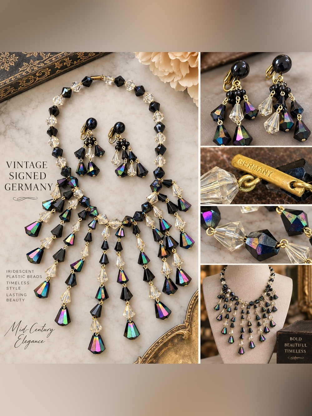Vintage Germany Acrylic Fringe Necklace and Earring Set - Black & Iridescent